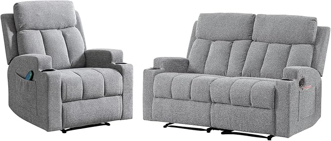 CANMOV Manual Recliner Sofa Set, Fabric Recliner Living Room Furniture Sets