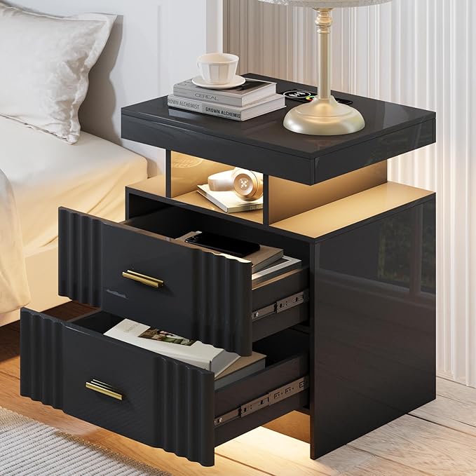Nightstand with Wireless Charging Station, Smart Night Stand with 2 Drawers