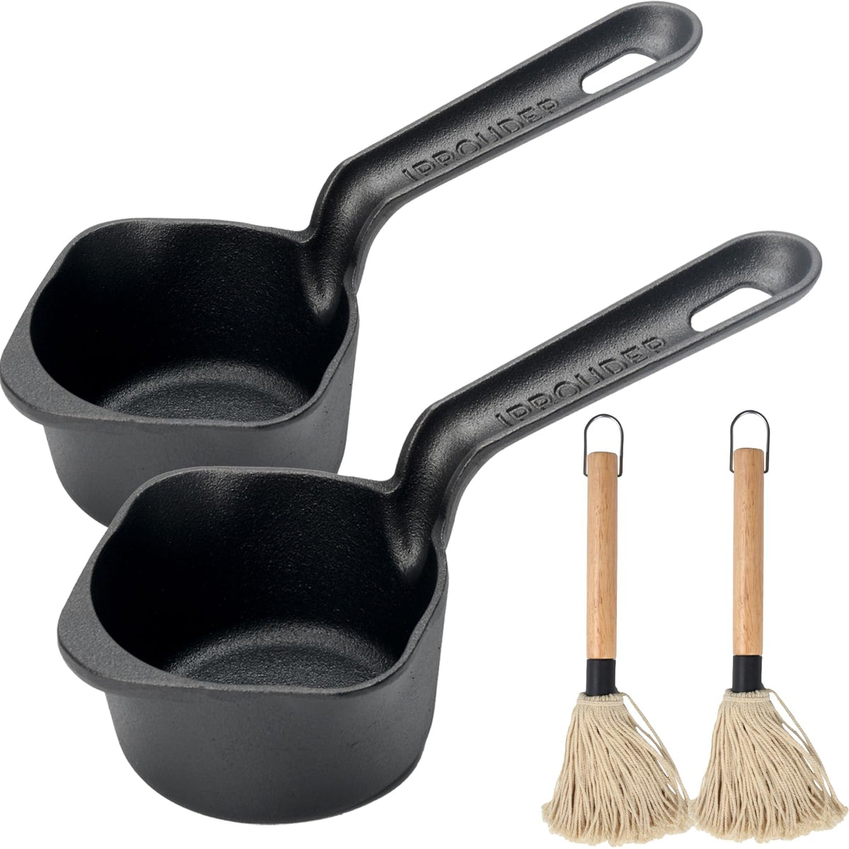 IPROUDER Cast Iron Sauce Pan and Basting Pot with BBQ Mop Brushes - Cast Iron Small Sauce Pots 2 Pcs for Grilling, Melting, Camping Cooking & Stoves - Mini Pot for Butter Melter