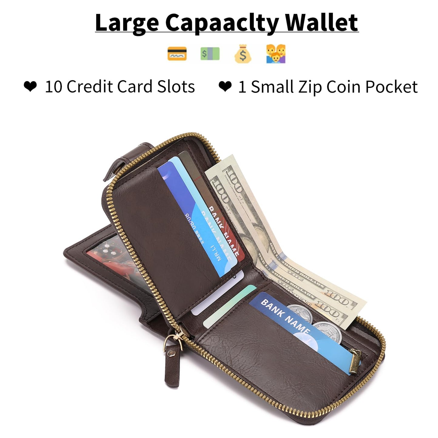 LOUEBICA Wallet Men Leather Bifold Wallets For - Flap ID Window Zip Coin Pocket Mensr Wallets - Big Capacity Credit Card Travel Wallet