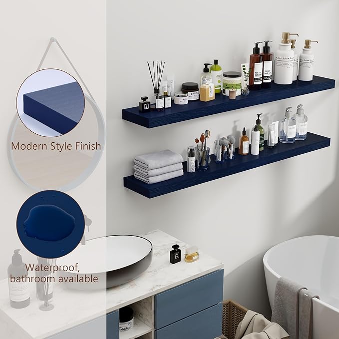 fuqing Dark Blue Floating Shelves 48 Inch, Solid Wooden Wall Shelves Set of 2