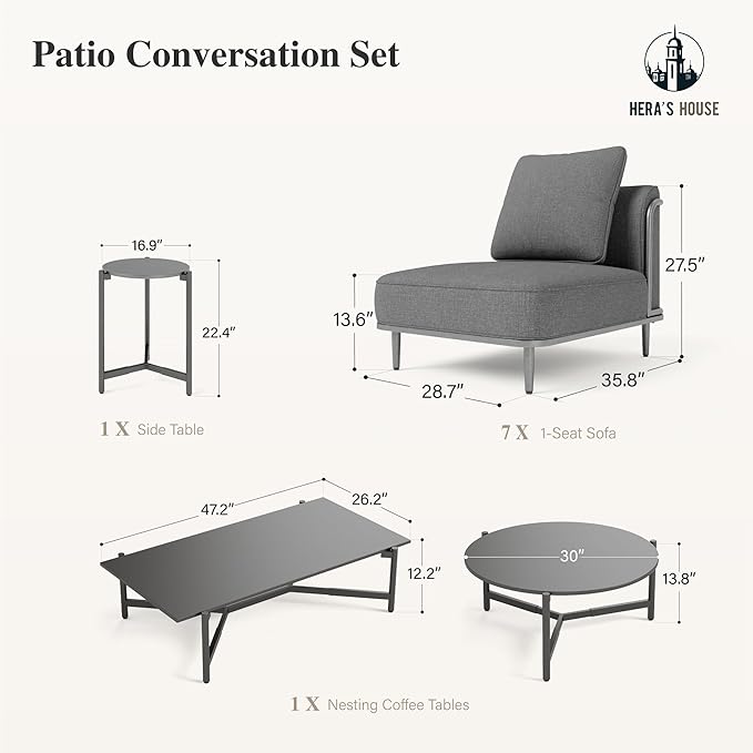 HERA'S HOUSE Metal Patio Furniture Set, Modular 7 Seats, 1 Nesting Coffee