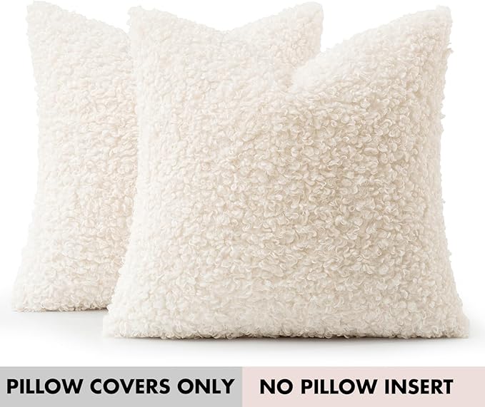 Faux Fur Throw Pillow Covers 18x18 Inch Set of 2 Boucle Neutral Decorative