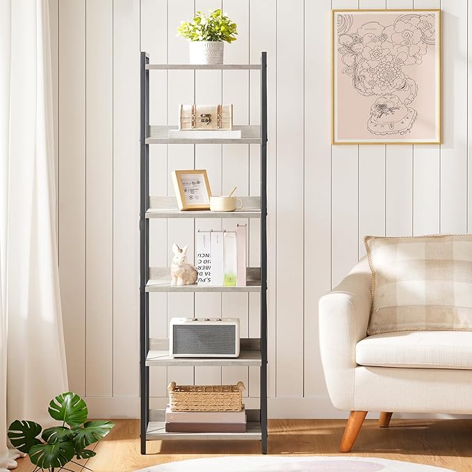 HOOBRO Bookshelf, 6-Tier Industrial Bookcase, Book Shelf Storage Organizer