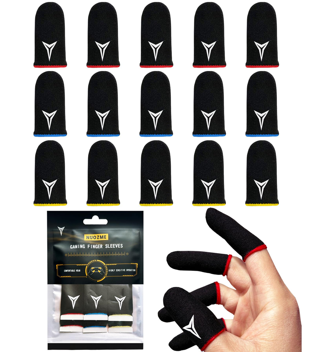 15 Pack 3 Colors E-Sports Light Model Gaming Finger Sleeves, 0.15mm Superconducting Nanofibers, Smooth Feel, Anti-Sweat, Extremely Thin, Fit All Touchscreen Devices