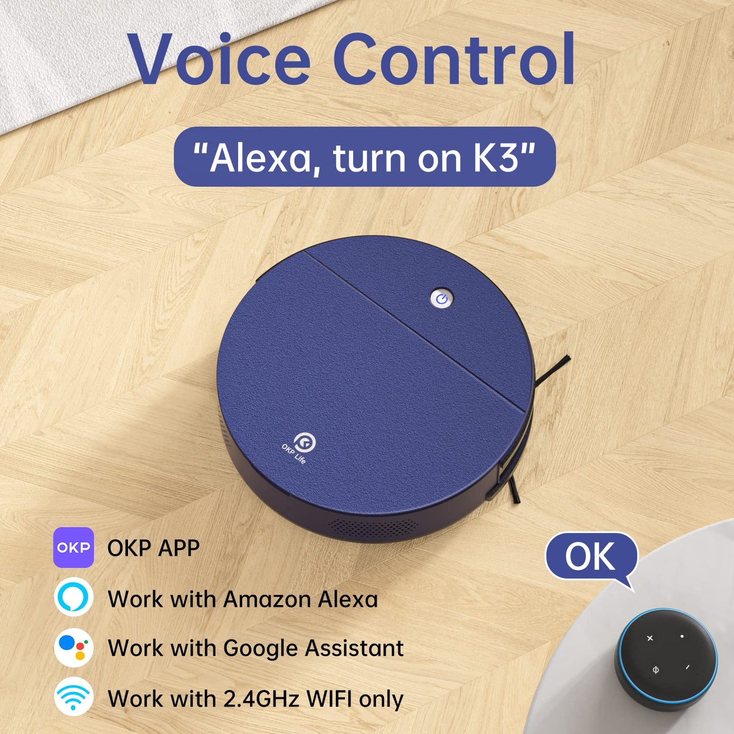 OKP K3 Robot Vacuum Cleaner Self-Charging Robotic Vacuum Cleaner with 2000Pa Strong Suction Voice Control for Hardfloor and Carpet,Blue