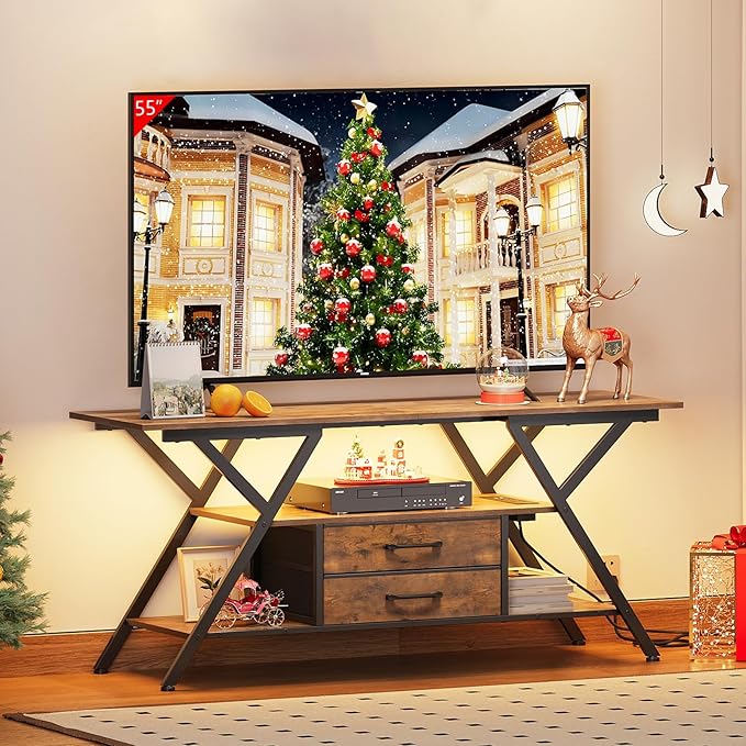 Simoretus TV Stand with Power Outlet and LED Lights, Fits TVs up to 65”