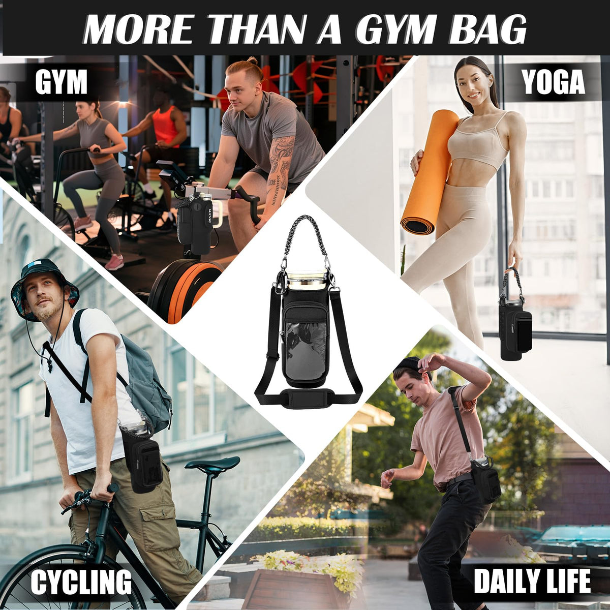 Magnetic Gym Bag for Men, Water Bottle Carrier Holder with Strap, Phone Pockets for Stanley Cup 40 oz Tumbler, Small Bag Gym Accessories for Women with N52 Super Magnet(Black)