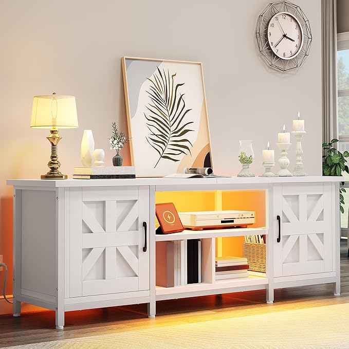 YITAHOME TV Stand with LED Lights & Charging Station, Farmhouse Entertainment