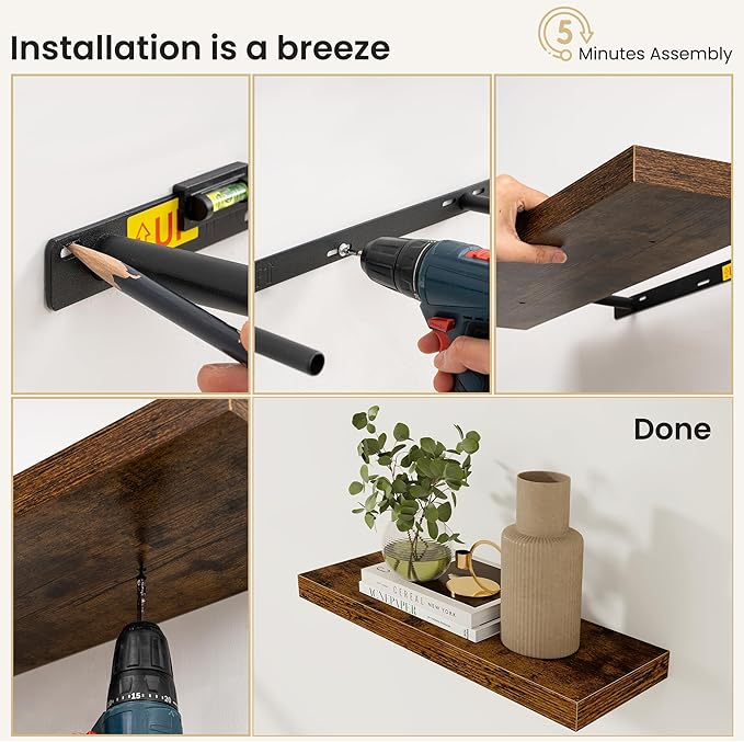 Fun Memories Floating Shelves for Wall, 12 Inch Set of 3 Rustic Wood Wall