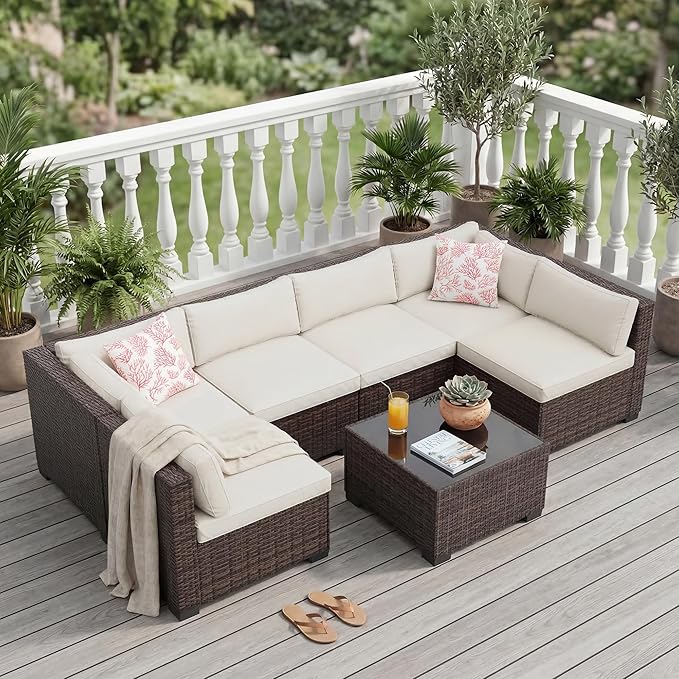 GarveeHome 7-Piece Modular Outdoor Patio Set, Sectional Rattan Wicker Sofa