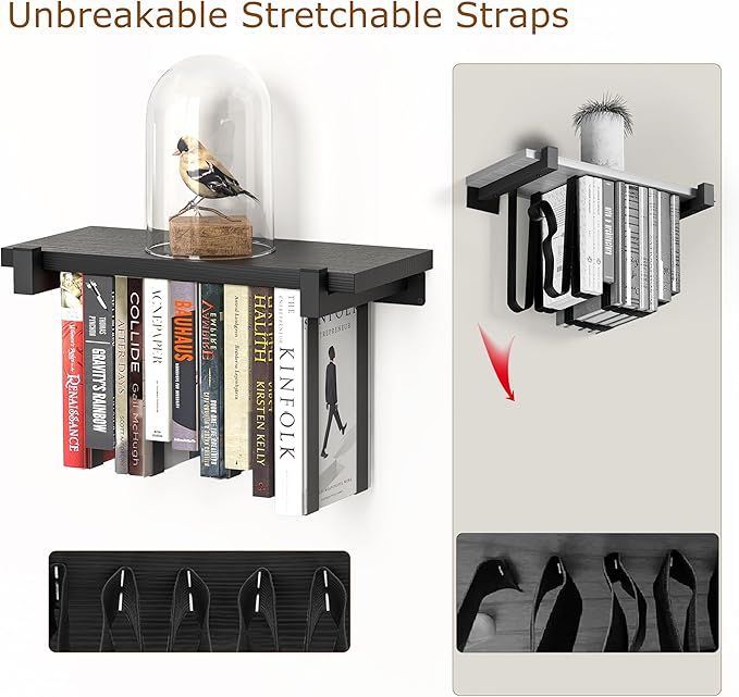 NANATI 2 Set of Floating Bookshelf, Pine Wood Invisible Bookshelf, Hanging