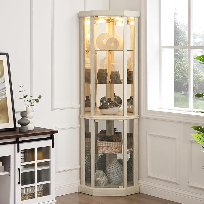 Corner Curio Cabinet, Light Bulb Inclued, Wine Bar China Cabinet