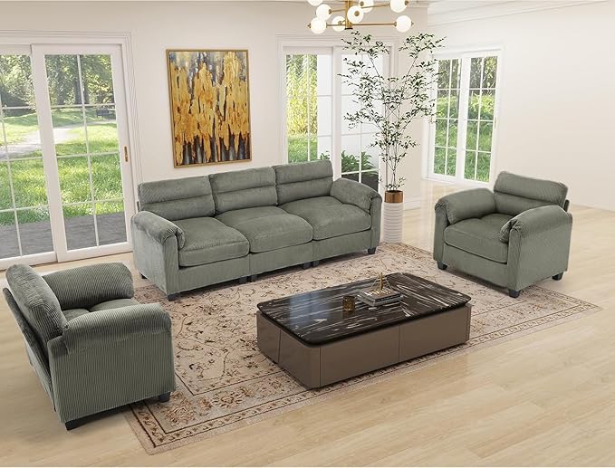 HAOMARKETS Corduroy 4-piece Sofa Set, Upholstered Ottoman, Loveseat 2-Seater