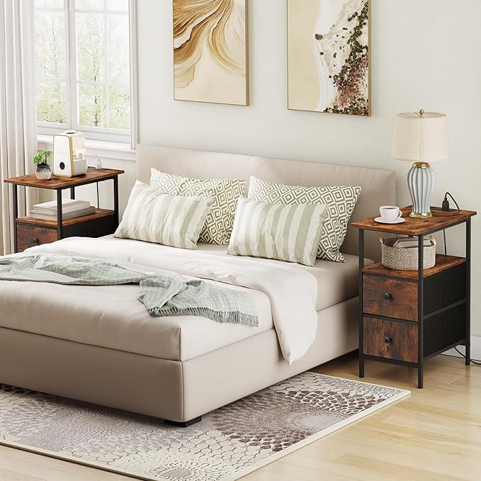 HOOBRO End Table with Charging Station, Narrow Side Table, Nightstand with 2