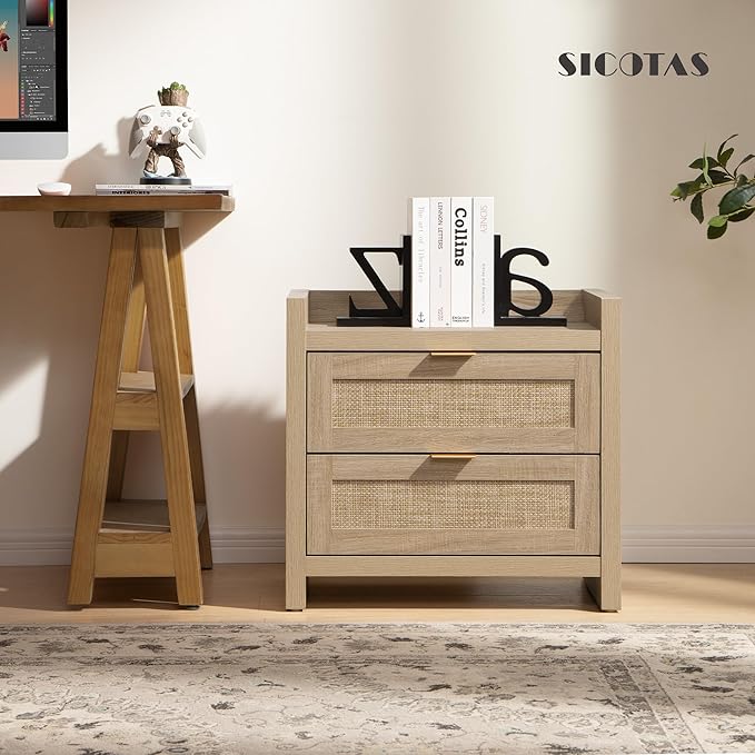 SICOTAS Rattan Nightstand Bedside Table