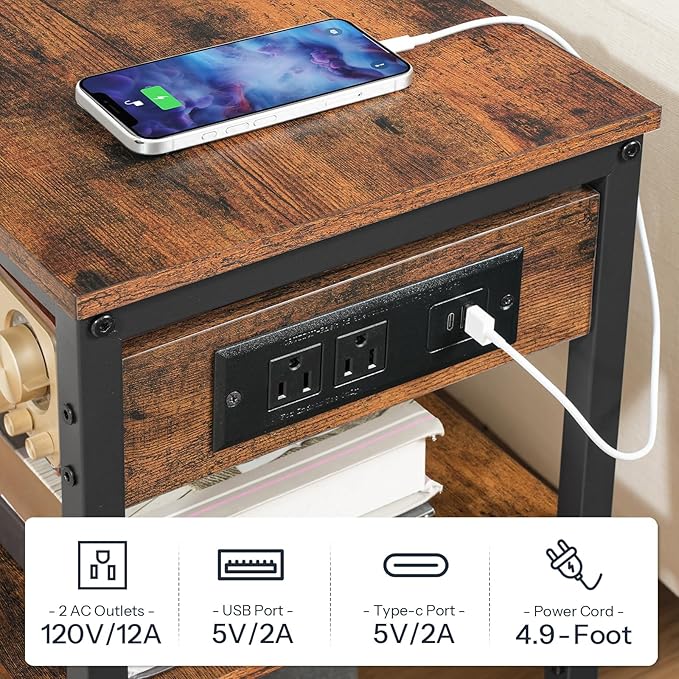 HOOBRO End Table with Charging Station, Simple Rustic Side Table with 3-Tier