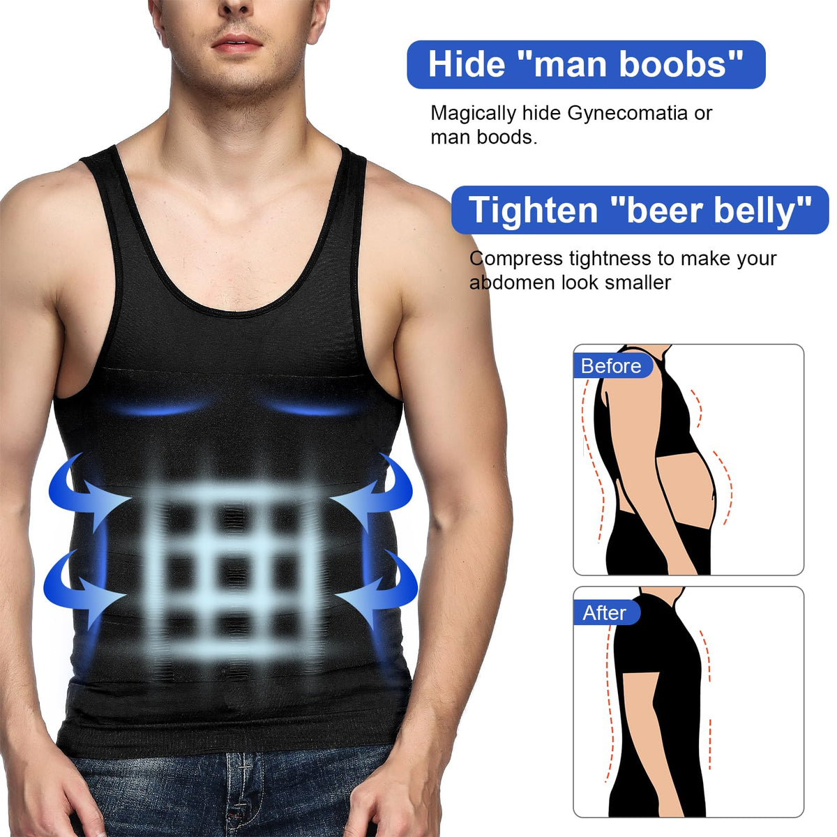 Odoland 5 Pack Men's Compression Shirt Short Sleeve Vest Set, Body Shaper Tummy Slimming Shapewear Tank Top Base Layer for Sport,1 Black/White/Grey Tank Top and 1 Black/White Short Sleeve,L