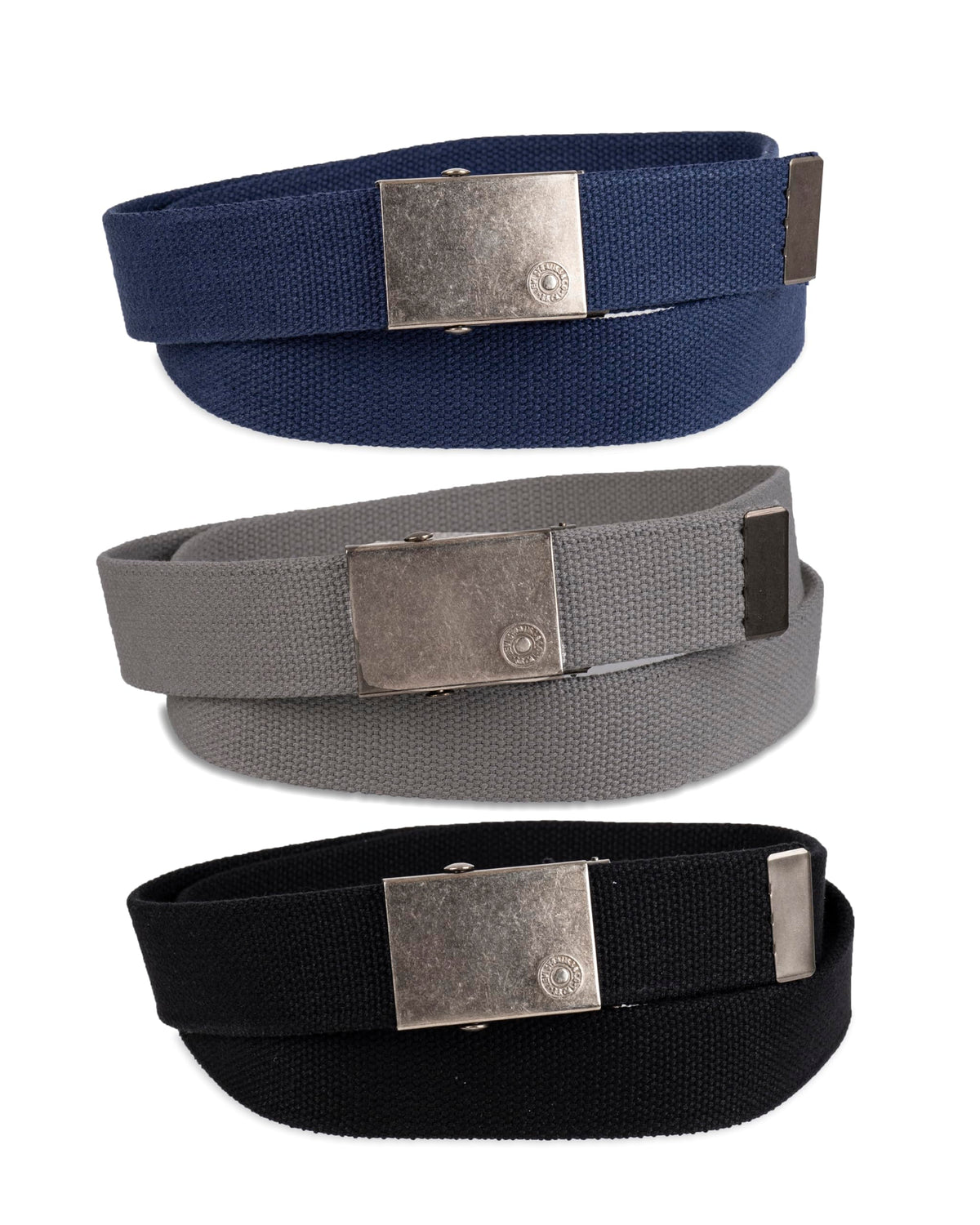 Levi's All-Gender Casual Cut-to-Fit Web Belt Set –3 Pack Straps with One Interchangeable Buckle, Black/Blue/Grey, One Size