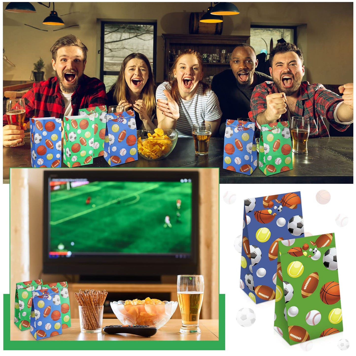 Outus 30 Pieces Paper Party Gift Bags for Sport Candy Goodie Bags Soccer Baseball Football Basketball Themed Design for Birthday Sport Party Favor Supplies Decorations, 9.45 x 5.12 x 3.15 Inches