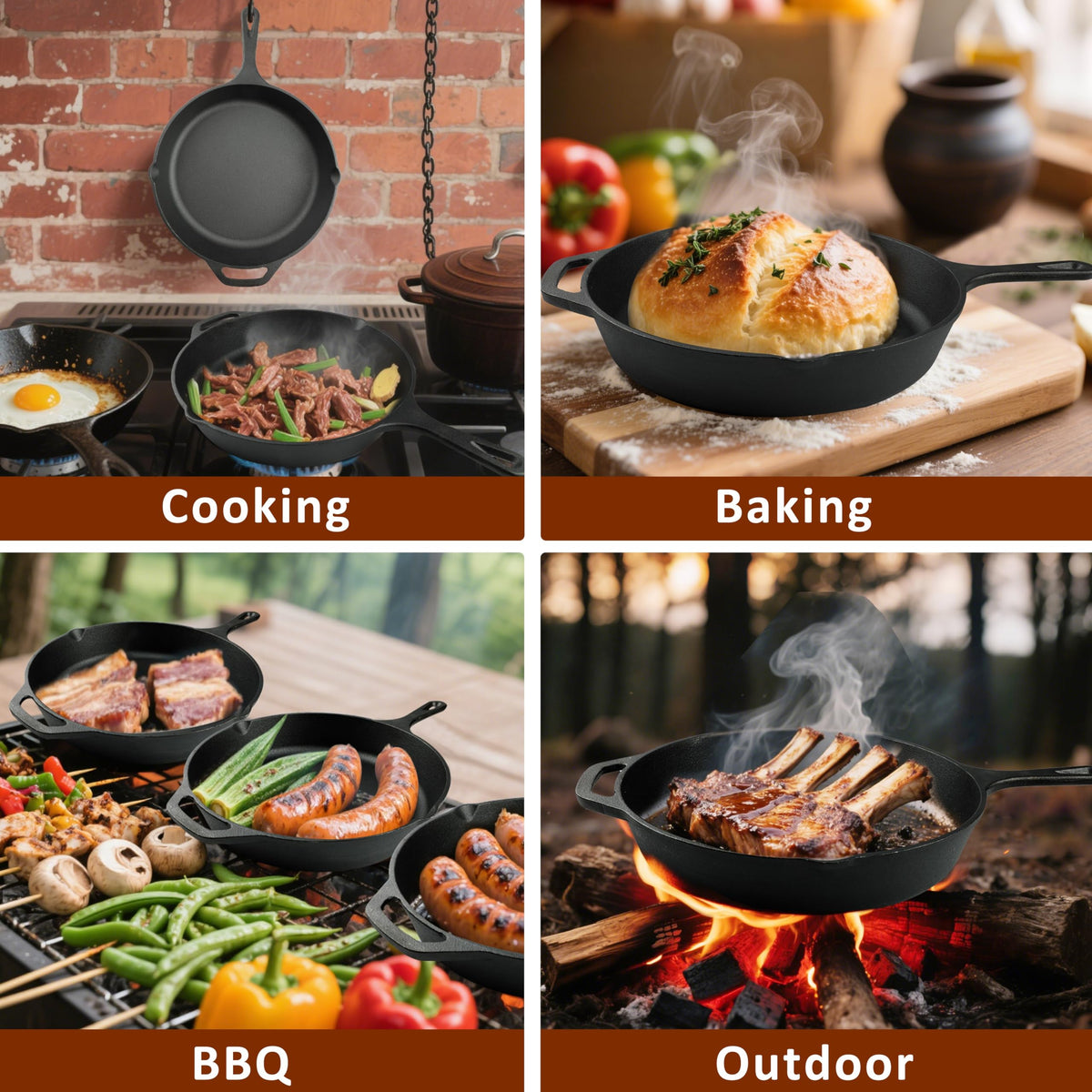 12 Inch Cast Iron Skillet, Pre-Seasoned Frying Pan for Oven, Stovetop, Grill & Campfire, Durable, Non-Toxic, Even-Heating Cookware, Black