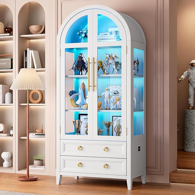 Vlsrka 71 Inch Arched Curio Cabinet, 4-Tier Display Cabinet and 2 Drawers