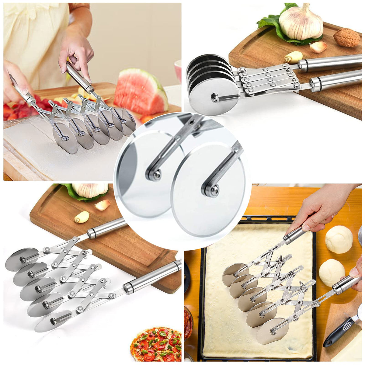 Juome 5 Wheel Pastry Cutter Stainless Pizza Slicer Multi-Round Dough Cutter Roller Cookie Pastry Knife Divider with Handle