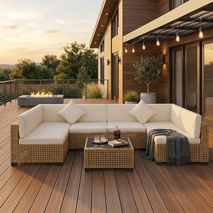 KIGOTY 7-Piece Patio Furniture Set, All-Weather PE Rattan Outdoor Sectional Sofa