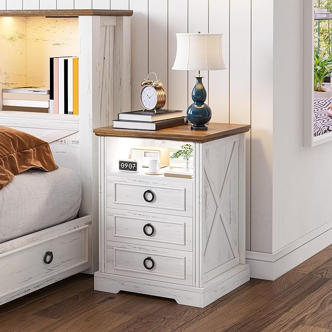 Nightstand with Charging Station, Farmhouse End Side Table with 3 Drawers and