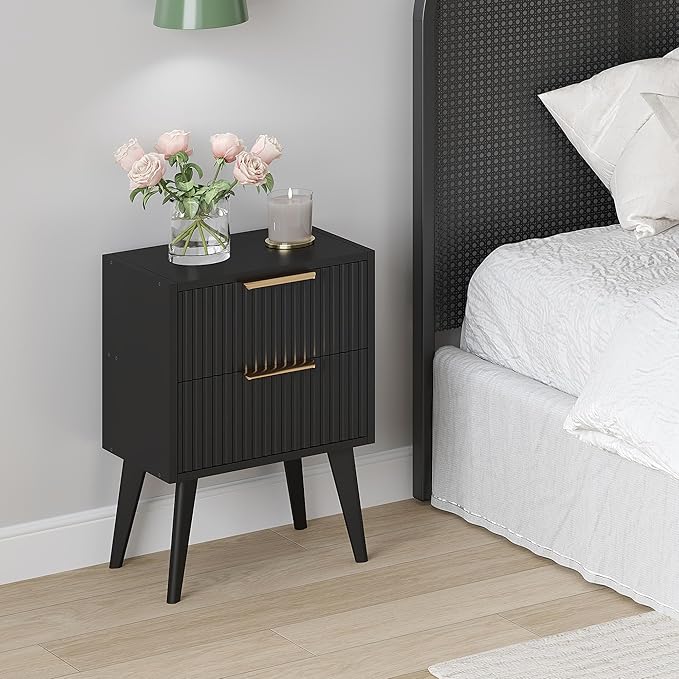 YAUKOMEL Small Black Night Stand, Mid Century Modern Bedside Table, Nightstand