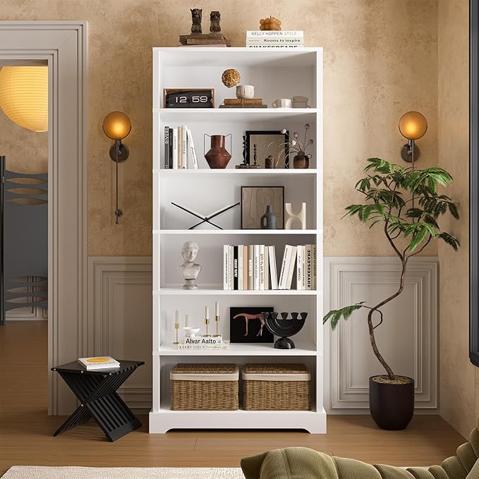 TVU 6-Tier Wooden Bookshelf, 77.2" Tall Farmhouse Style Open Bookcase, 31.5" W