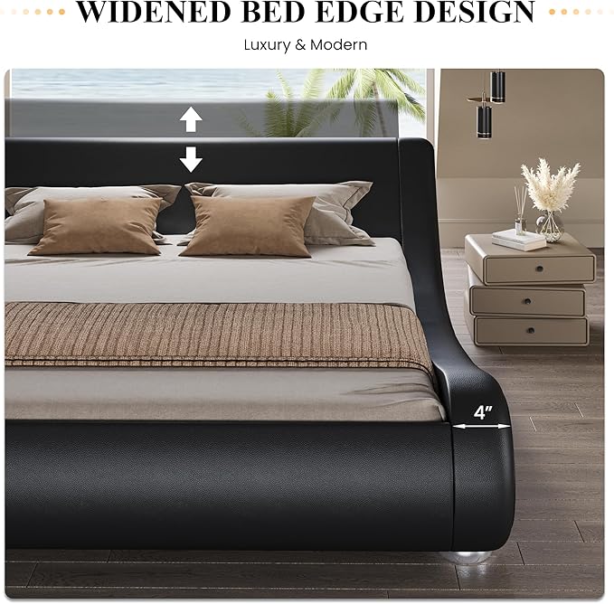 SHA CERLIN King Size Upholstered Bed Frame, Deluxe Low Profile Sleigh Bed