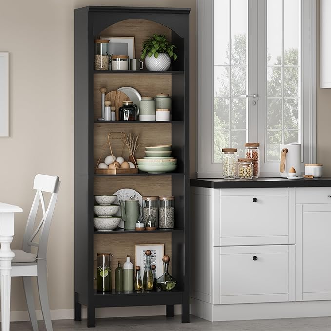 Arched Set of 2 Bookshelf with 5 Tier Open Shelves, Living Room, Modern Black