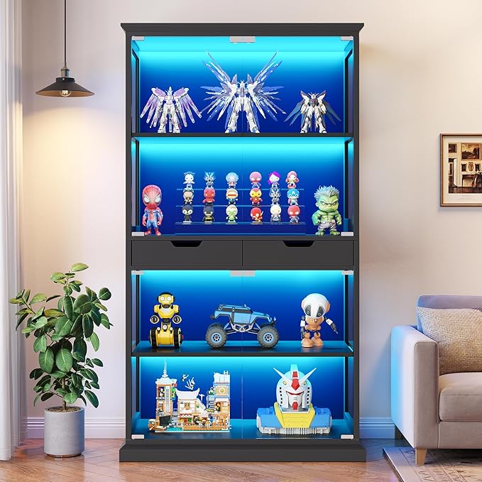Jocoevol Display Cabinet with 4 Glass Doors, 4-Tier Modern Glass Display Case