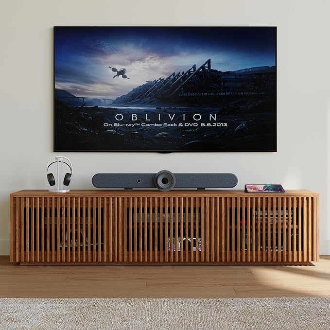 POVISON Full Assembled Mid Century Modern TV Stand, Wood Slatted Media Console