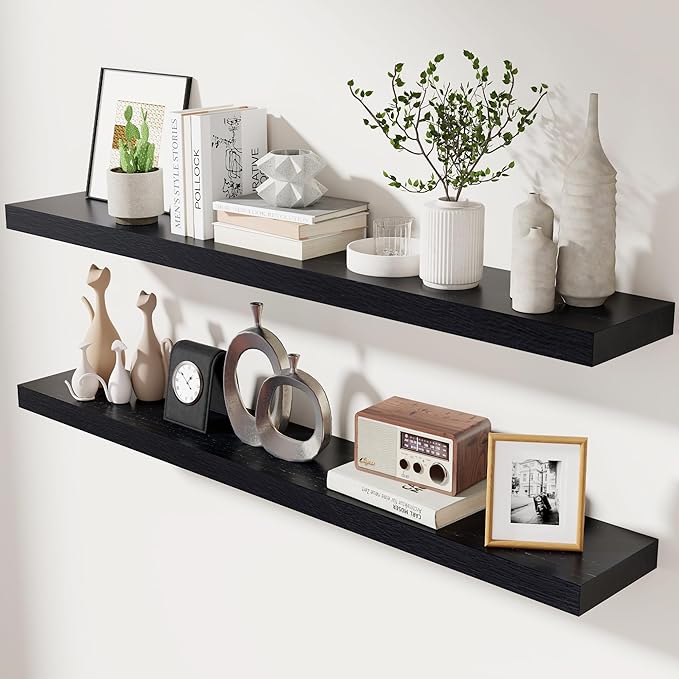 fuqing Black Floating Shelves 48 Inch, Solid Wood Wall Mounted Shelves Set of 2