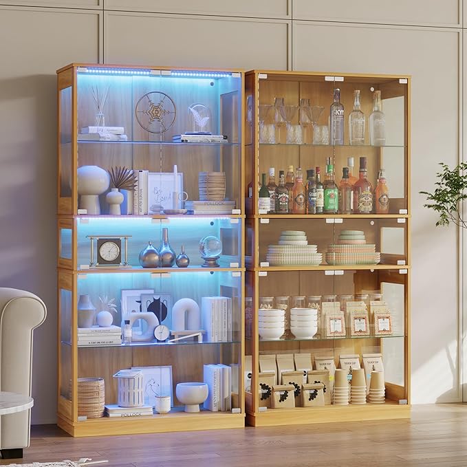 Display Cabinet with Glass Doors & LED Lights, 5 Tier Lighted Display Case