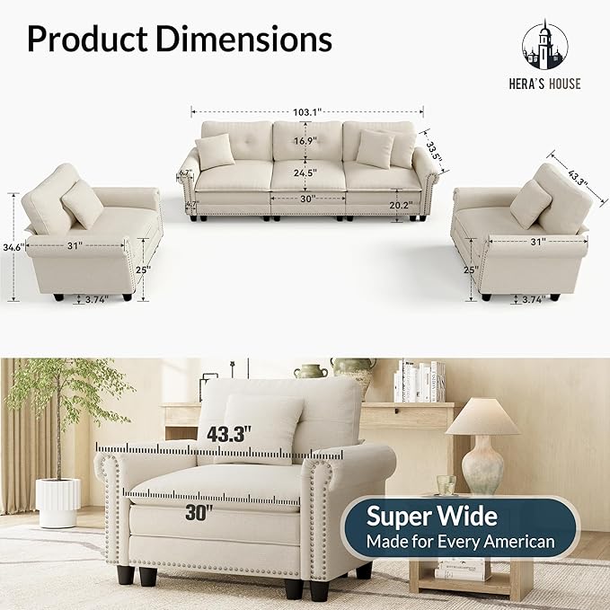 HERA'S HOUSE 3 Pieces Modular Sectional Sofa Sets, Oversized Couch Set