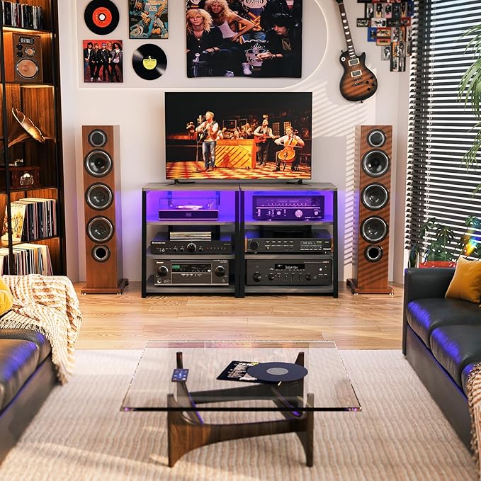 Besiost AV Media Stand with Outlets, Media Console with LED Lights, Stereo