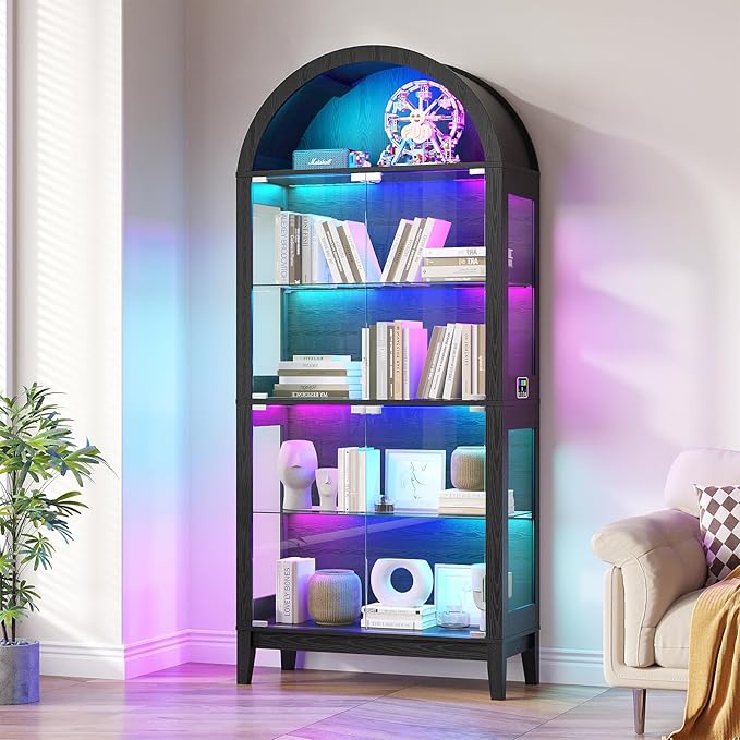 HNEBC 69" Display Case with RGB Lights, Arched 5-Tier Tempered Glass Display