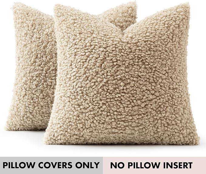 Faux Fur Throw Pillow Covers 18x18 Inch Set of 2 Boucle Neutral Decorative