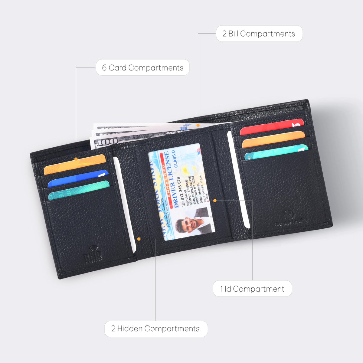 Leather Trifold Wallet For Men - RFID Blocking - 6 Card Slots, 2 Note Compartments & 1 ID Window - Minimalist Design, Slim Wallet - Premium, Fashionable Gifts for Him - Father's Day (Black Pebble)