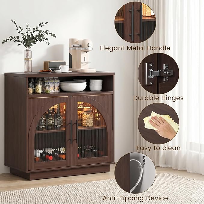 Sideboard Buffet Cabinet with Storage, Wine Bar Cabinet with Arched Glass Doors