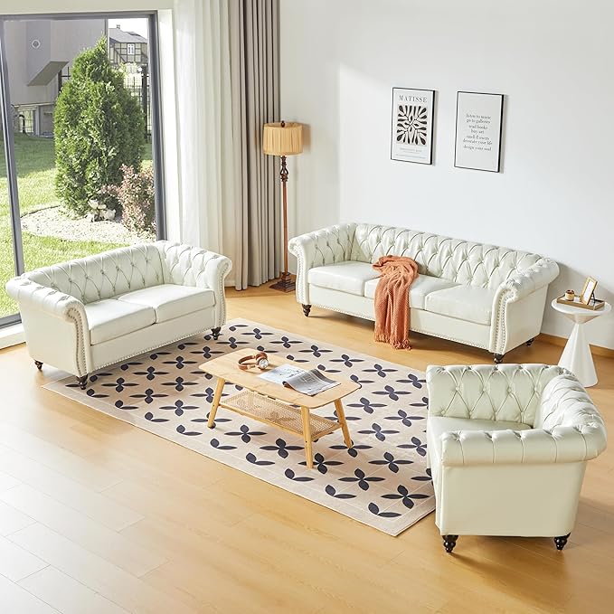 ORRD 2 Piece Living Room Set, Chesterfield Faux Leather Sofa Loveseat Couch
