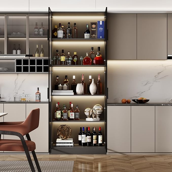 Mekminop Display Cabinet with Glass Doors and Storage Shelve, Modern Display