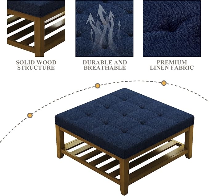 Befurtori Large Square Ottoman Coffee Table, Linen Solid Upholstered Footrest