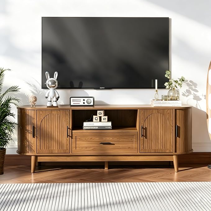 Mxtxmy 63" Fluted TV Stand for Tvs up to 70", Mid-Century Modern Entertainment