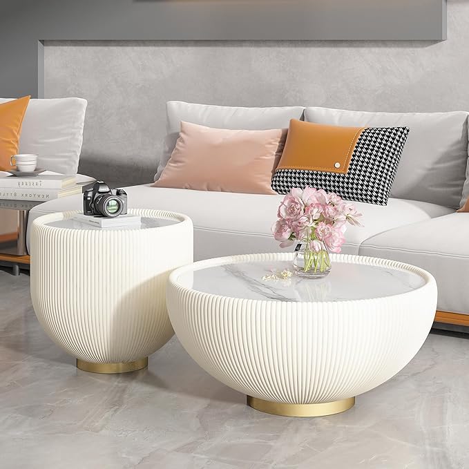 Round Marble Coffee Table 27.56" Bucket Shaped Fluted Coffee Table