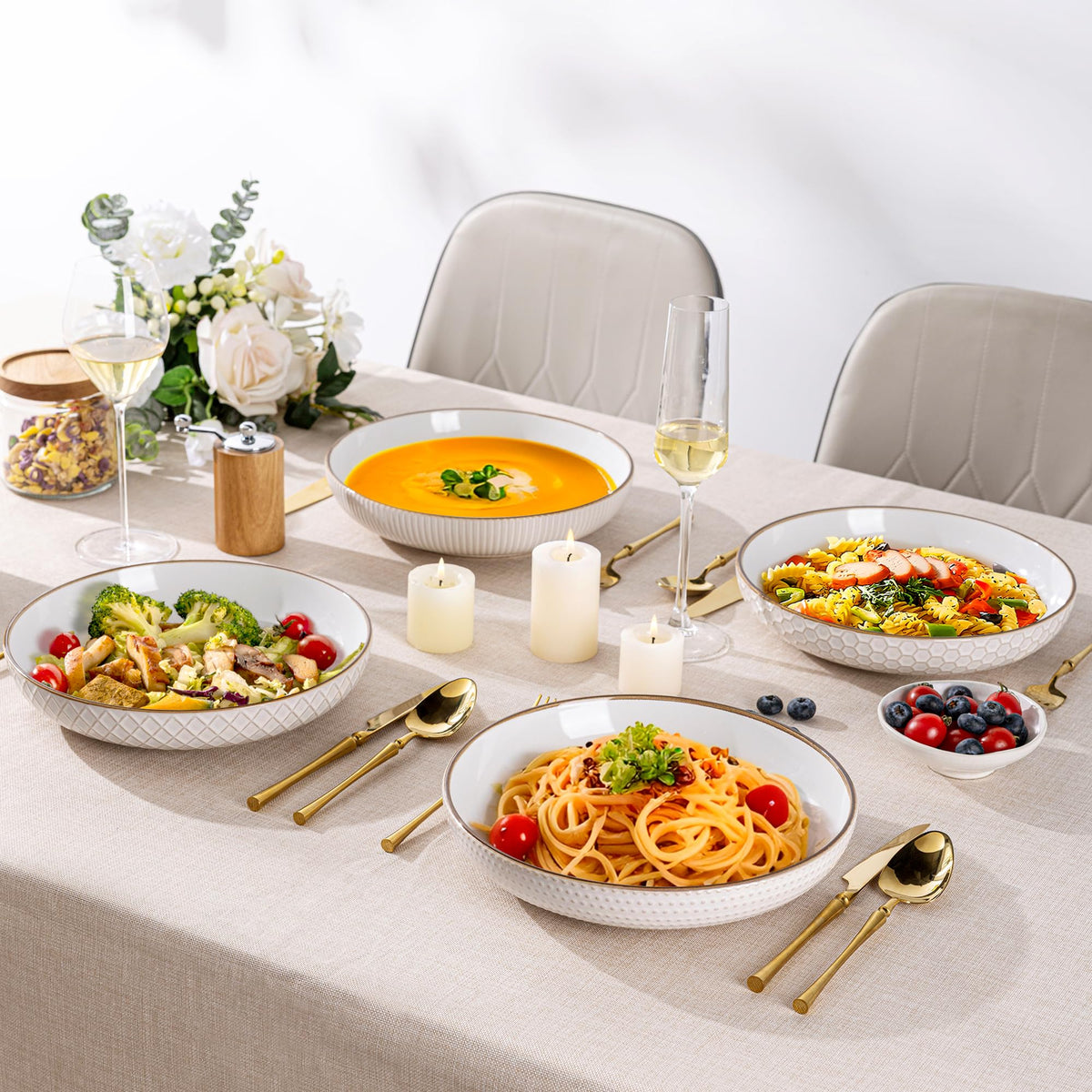 GBHOME 9.5'' Large Pasta Bowls, 42 Ounce Stoneware Salad Bowls for Kitchen, Ceramic Serving Bowls With Textured Pattern for Pasta,Fruit, Stews,Noodle, House-warming Gift,Set of 4-Off White