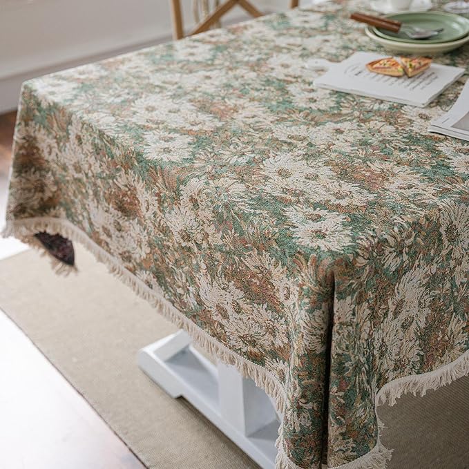 VClife Aesthetic Green and Beige Floral Table Cloth, Linen Texture Table Cloth
